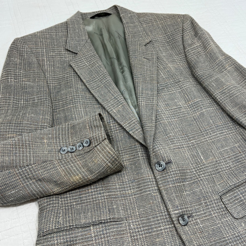 Vintage Nino Cerruti Mens Glen Plaid Wool/Silk 2 Button Sport Coat Grey Tan 40R